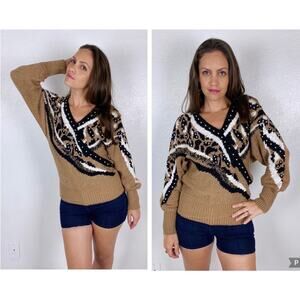 vintage 80s LEOPARD PRINT Angora, Lambswool SWEATER Sm pearl beaded animal print